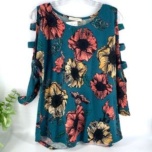 New! Teal Brushed Knit Floral Open Banded Arm Top